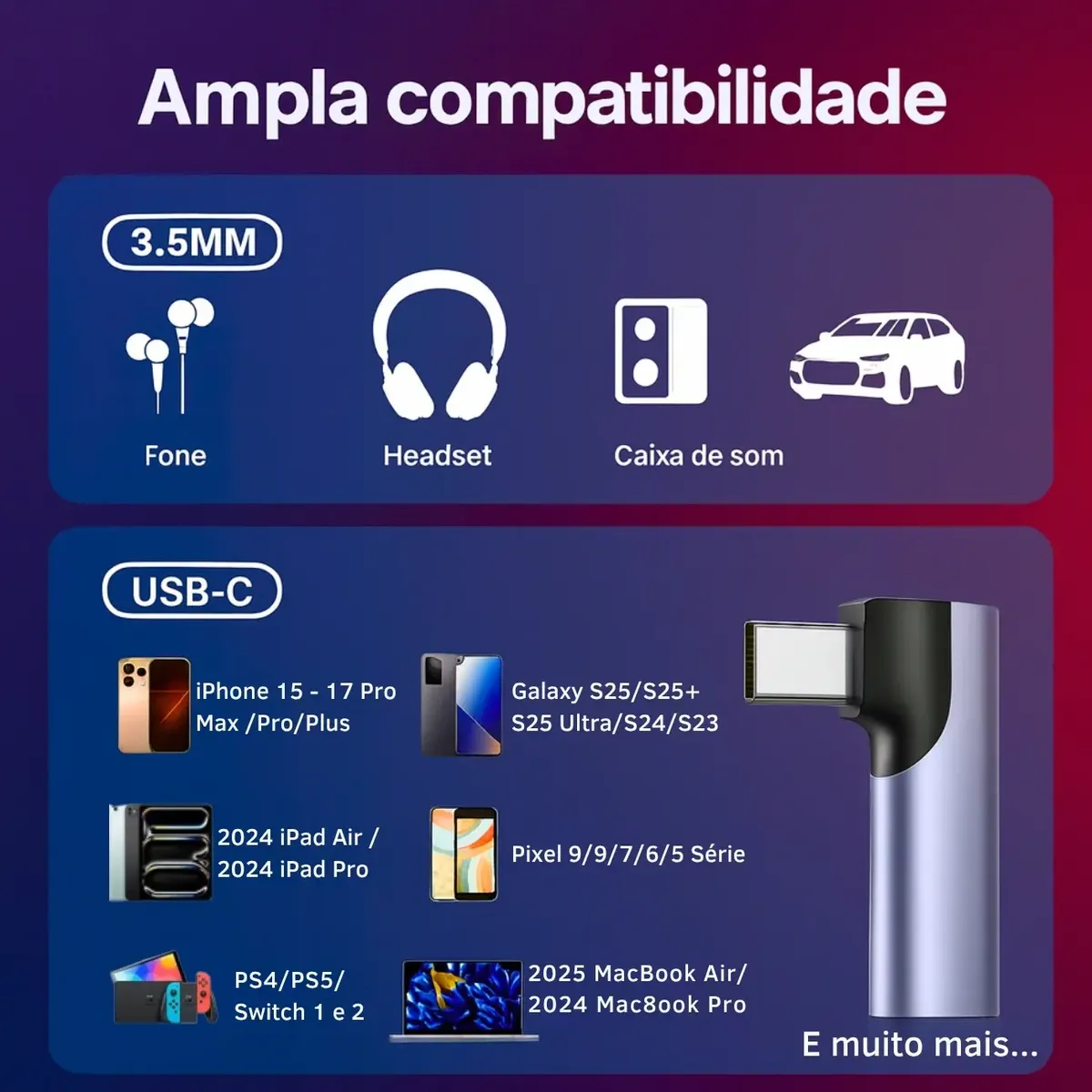 Ampla compatibilidade: fones, headsets e caixas de som 3,5mm em dispositivos USB-C